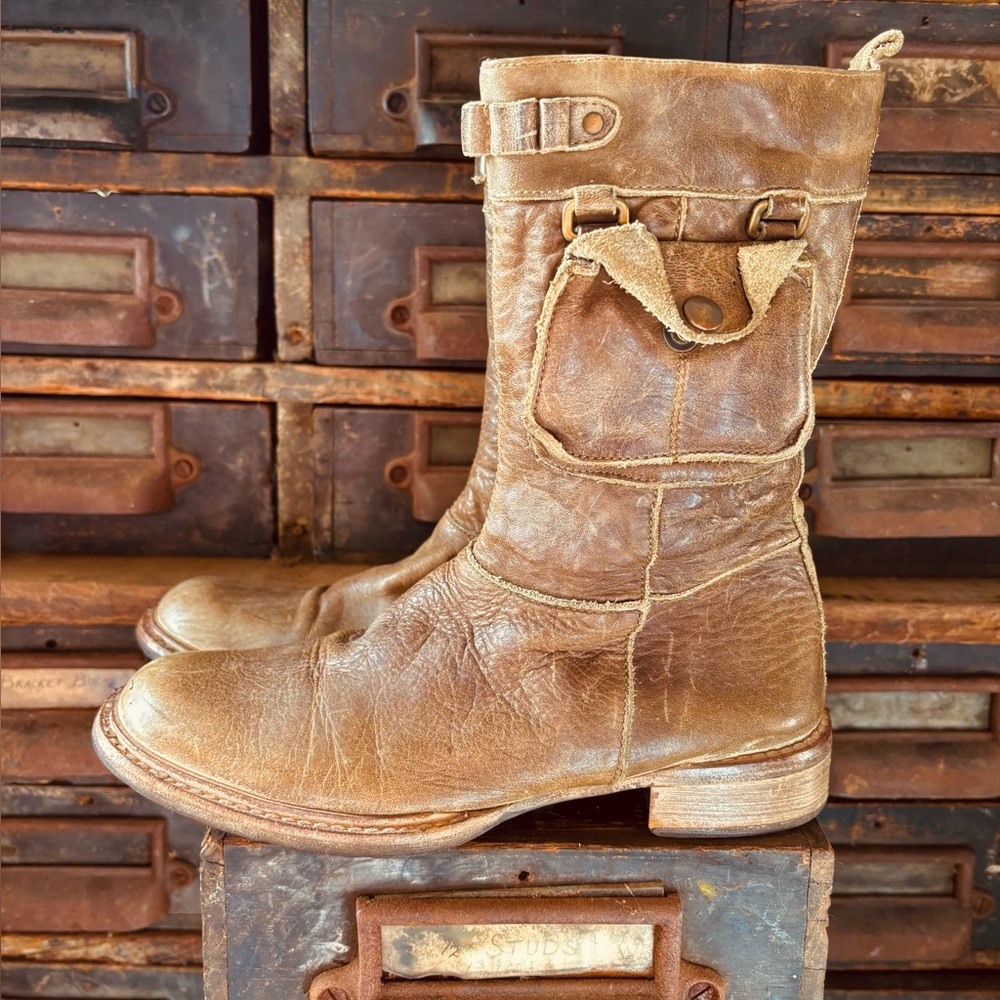 Amazing vintage Leather combat Biker Boots RAS SPAIN brown military ammo zip up